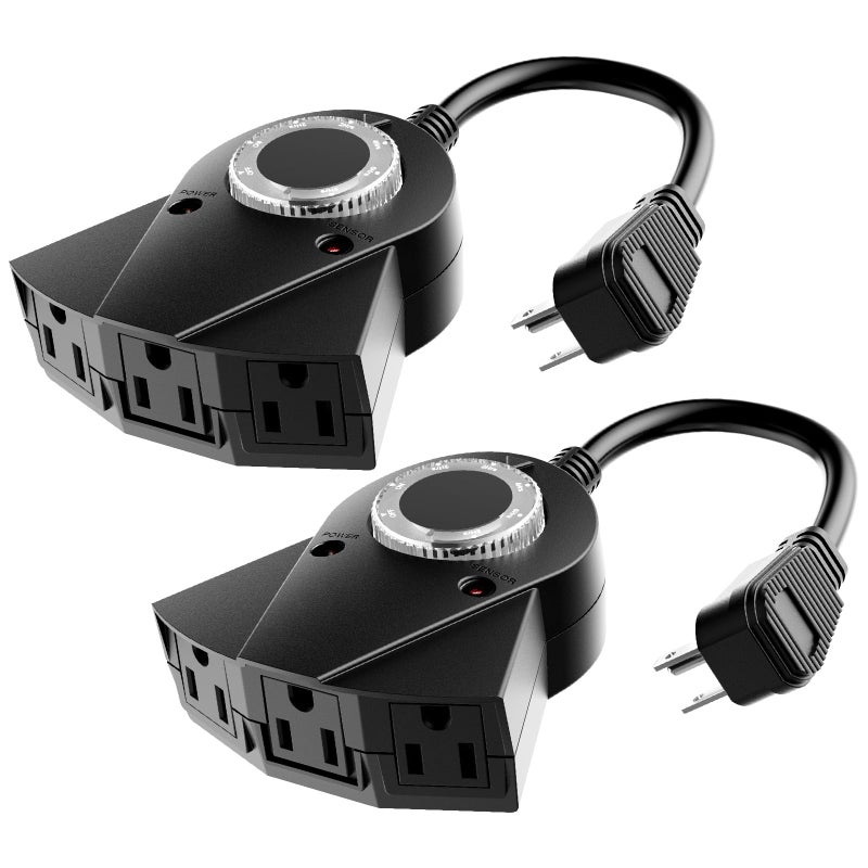 Brightown Outdoor Light Sensor Timer, 24 Hours Heavy Duty Waterproof Outlet Timer with 2, 4, 6 or 8 Hours Countdown Mode, 3 Grounded Electrical Outlet for Home Backyard Garden (2 Pack) - Image 1